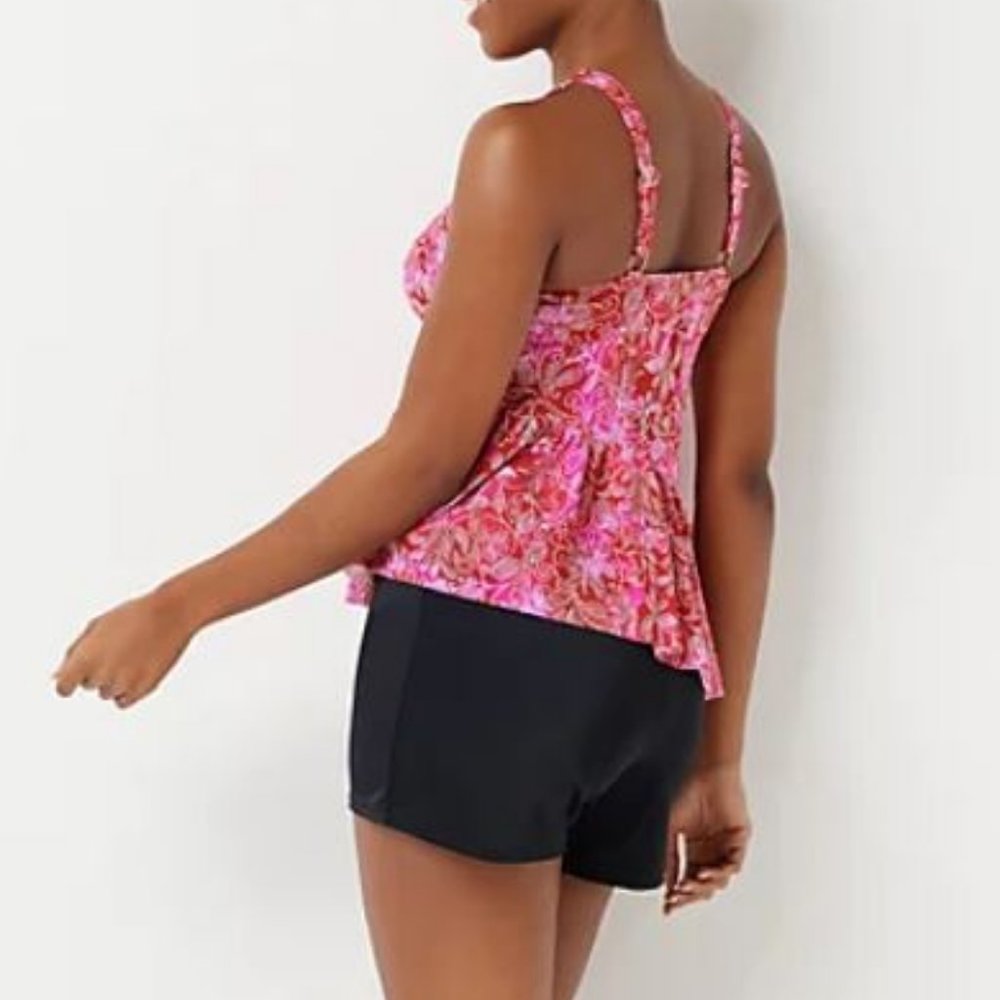 Fit 4 U High Neck Diagonal Ruffle Tankini w Shorts - Picture 2 of 3
